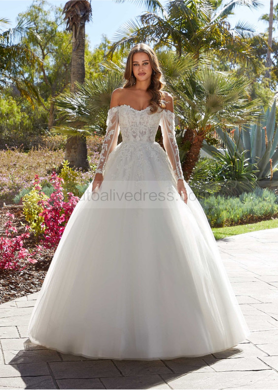 Beaded Ivory Lace Tulle Glamorous Wedding Dress With Detachable Sleeves Beaded Ivory Lace Tulle Glamorous Wedding Dress With Detachable Sleeves